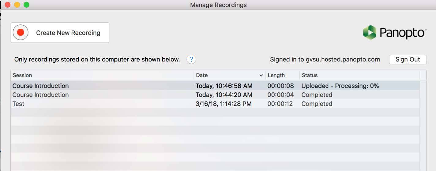 Manage recordings screen in Panopto